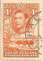 Bechuanaland 1938 Postage Stamp King George VI Baobab Tree & Cattle drinking 4d orange SG # 123 Revenue PROTECTORATE