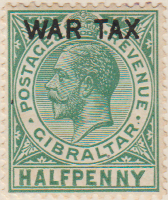 Gibraltar 1918 Postage Stamp halfpenny King George V green SG # 86 http://www.richterstamps.co.za Revenue Crown overprint War Tax