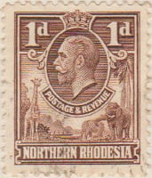 Northern Rhodesia 1925 King George V Postage Stamp 1d brown SG # 2 http://www.richterstamps.co.za Revenue Giraffe Elephant Crown