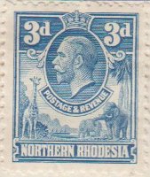 Northern Rhodesia 1925 King George V Postage Stamp 3d blue SG # 5 http://www.richterstamps.co.za Revenue Giraffe Elephant Crown