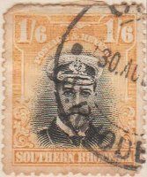 Southern Rhodesia 1924 Postage Stamp 1/6 1S6d black yellow SG # 11 http://www.richterstamps.co.za King George V wearing Naval Cap & Revenue