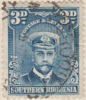 Southern Rhodesia 1924 Postage Stamp 3d blue SG # 5 http://www.richterstamps.co.za King George V wearing Naval Cap & Revenue