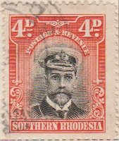 Southern Rhodesia 1924 Postage Stamp 4d black red SG # 6 http://www.richterstamps.co.za King George V wearing Naval Cap & Revenue