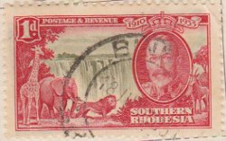 Southern Rhodesia 1935 Postage Stamp 1d red green SG # 31 http://www.richterstamps.co.za Victoria Falls Silver Jubilee 1910 Crown King George V Giraffe Elephant Lion Buck