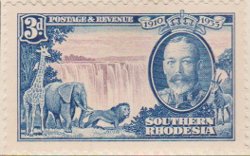 Southern Rhodesia 1935 Postage Stamp 3d blue SG # 33 http://www.richterstamps.co.za Victoria Falls Silver Jubilee 1910 Crown King George V Giraffe Elephant Lion Buck