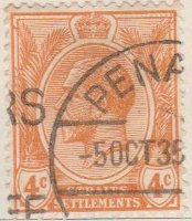 Straits Settlements 1919 Postage Stamp 4c orange SG # 224 http://www.richterstamps.co.za King George V Crown