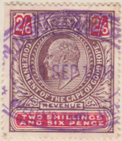 Cape of Good Hope 1901 1902 1903 1904 1905 1906 1907 1908 1909 1910 Revenue Stamp 2S 6p two shillings and six pence purple Government of Crown King Edward VII