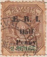 Transvaal 1901 Postage Stamp 2d pence green & brown SG # 243 http://www.richterstamps.co.za Coat of Arms Featuring Wagon with Pole Lion Eendrag Maakt Magt Postzegel Z.Afr.Republiek Overprint E.R.I. Half Penny