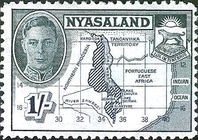 Nyasaland-Stamp-of-King-George-VI-and-map.-Today-the-country-is-known-as-Malawi
